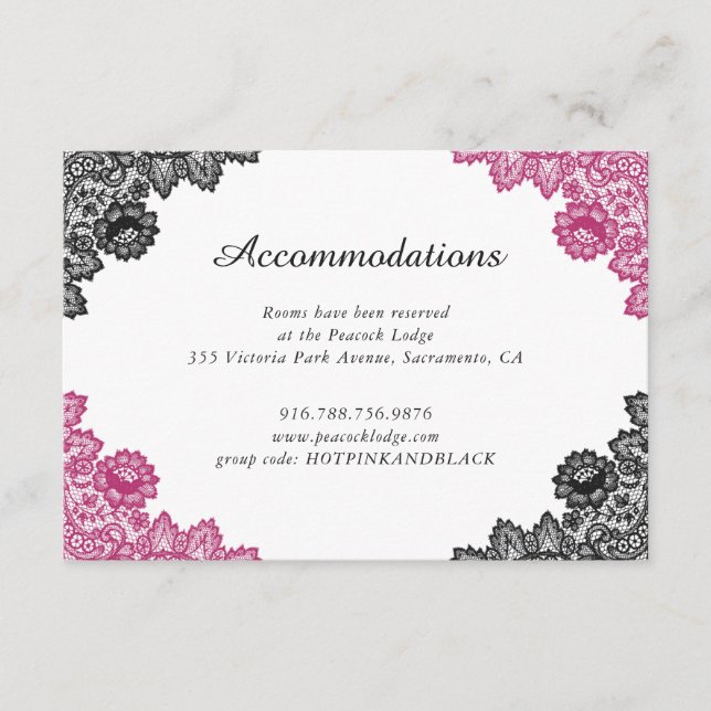 Hot Pink Black Floral Lace Wedding Accommodation Enclosure Card (Front)
