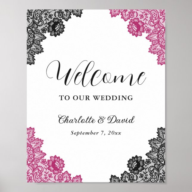 Hot Pink Black Floral Lace Wedding Welcome Sign (Front)