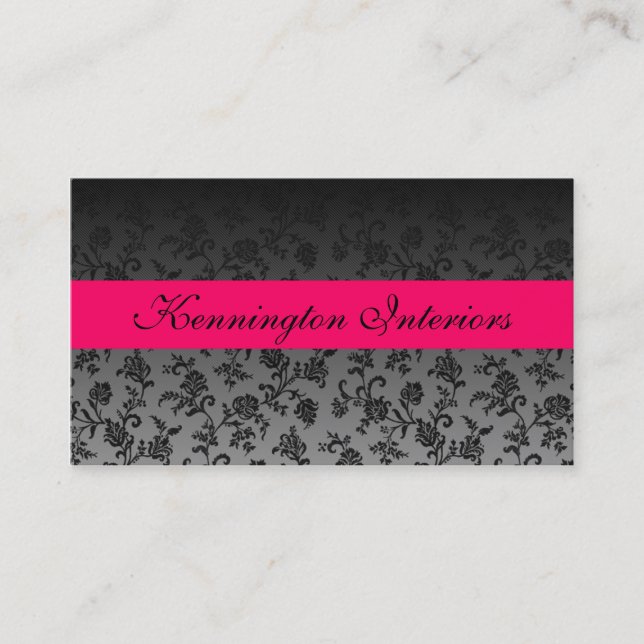 Hot Pink Black Flower Rose Damask Business Cards (Front)