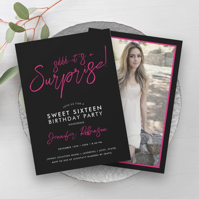Hot Pink Black Girly Photo Surprise Sweet 16 Invitation (Hot Pink Black Girly Photo Surprise Sweet 16 Invitation)