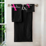 Hot Pink Black Girly Script Monogram Name Bath Towel Set<br><div class="desc">Black and Hot Pink Simple Script Monogram Name Bath Towel. This makes the perfect sweet 16 birthday,  wedding,  bridal shower,  anniversary,  baby shower or bachelorette party gift for someone that loves glam luxury and chic styles.</div>