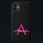 Hot Pink Black Girly Script Monogram Name Modern iPhone 11 Case<br><div class="desc">Hot Pink and Black Monogram Add Your Own Name Phone Case. This makes the perfect sweet 16 birthday,  wedding,  bridal shower,  anniversary,  baby shower or bachelorette party gift for someone that loves glam luxury and chic styles.</div>