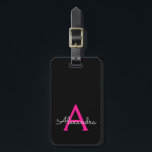 Hot Pink Black Girly Script Monogram Name Modern Luggage Tag<br><div class="desc">Hot Pink and Black Monogram Add Your Own Name Script Signature Pillow. The luggage bag tag makes the perfect sweet 16 birthday,  wedding,  bridal shower,  baby shower or bachelorette party gift for someone who loves a chic elegant and modern style.</div>