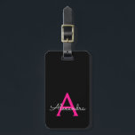 Hot Pink Black Girly Script Monogram Name Modern Luggage Tag<br><div class="desc">Hot Pink and Black Monogram Add Your Own Name Script Signature Pillow. The luggage bag tag makes the perfect sweet 16 birthday,  wedding,  bridal shower,  baby shower or bachelorette party gift for someone who loves a chic elegant and modern style.</div>
