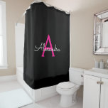 Hot Pink Black Girly Script Monogram Name Modern Shower Curtain<br><div class="desc">Black and Hot Pink Monogram Name Bathroom Shower Curtain. This makes the perfect sweet 16 birthday,  wedding,  bridal shower,  anniversary,  baby shower or bachelorette party gift for someone that loves glam luxury and chic styles.</div>