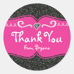 Hot Pink & Black Glitter Birthday Party Stickers