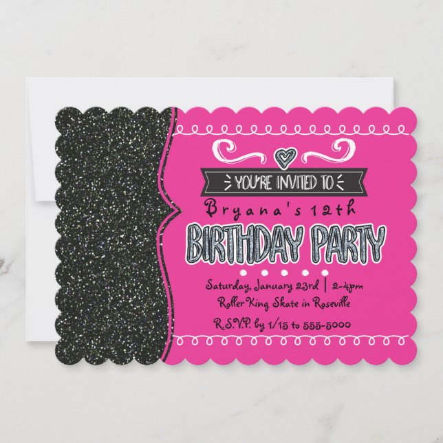 Hot Pink & Black Glitter Girls Party Invitations (Front)
