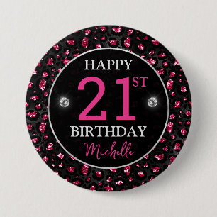 Hot Pink & Black Glitter Leopard Spots Birthday 7.5 Cm Round Badge