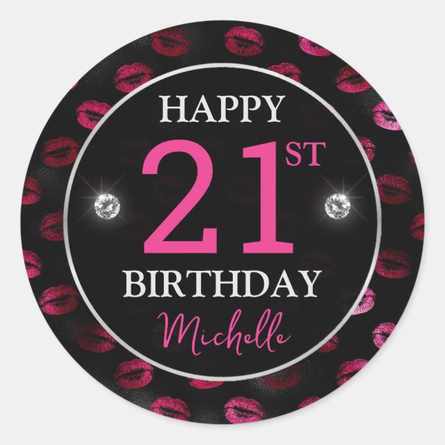 Hot Pink & Black Glitter Lipstick Marks Birthday Classic Round Sticker (Front)