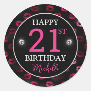 Hot Pink & Black Glitter Lipstick Marks Birthday Classic Round Sticker