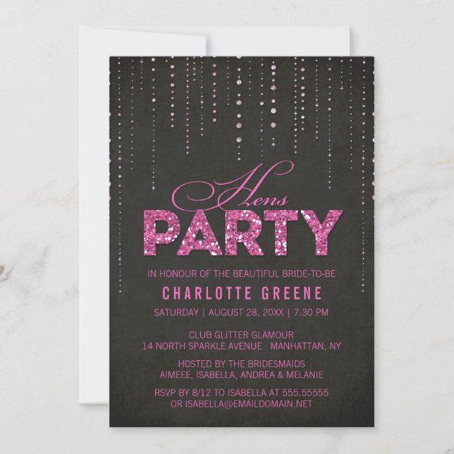 Hot Pink & Black Glitter Look Hens Party Invitation (Front)