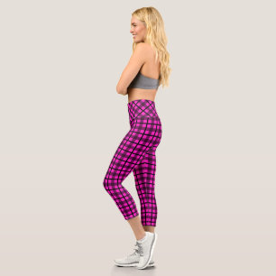 Hot Pink Black Goth Plaid Pattern Capri Leggings