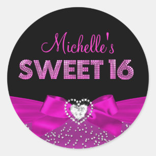 Hot Pink & Black Heart Bow Sweet Sixteen Sticker