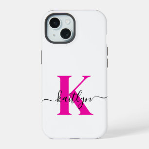 Hot Pink Black Initial Name Monogrammed iPhone 15 Case