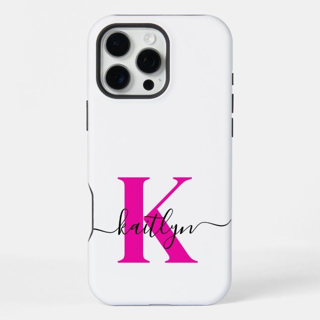 Hot Pink Black Initial Name Monogrammed iPhone Case (Back)