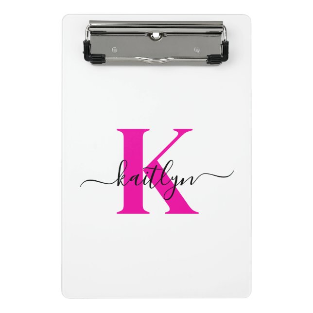 Hot Pink Black Initial Name Monogrammed Mini Clipboard (Front)