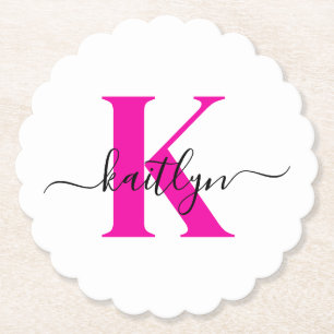 Hot Pink Black Initial Name Monogrammed Paper Coaster