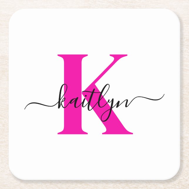 Hot Pink Black Initial Name Monogrammed Square Paper Coaster (Front)