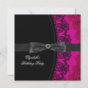 Hot Pink Black Lace Elegant Birthday Party Invitation
