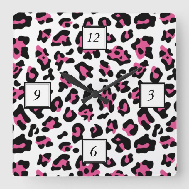 Hot Pink Black Leopard Animal Print Pattern Square Wall Clock (Front)