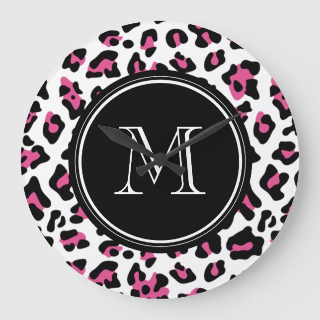 Hot Pink Black Leopard Animal Print with Monogram Large Clock (Front)