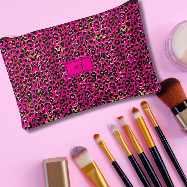 Hot Pink & Black Leopard Print Monogrammed Accessory Pouch (Creator Uploaded)