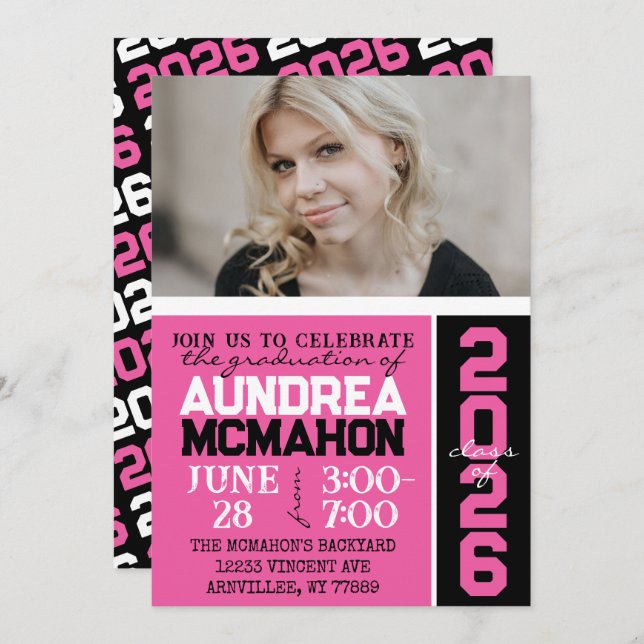 Hot Pink & Black Modern Graduation Photo Invitation (Front/Back)