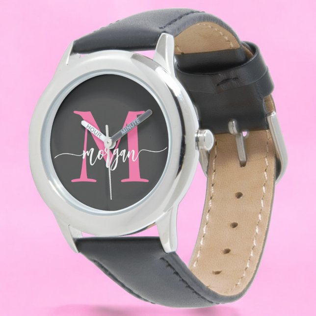 Hot Pink Black Modern Script Girls Monogram Name Watch (Creator Uploaded)