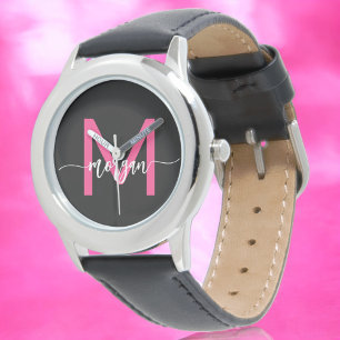 Hot Pink Black Modern Script Girls Monogram Name Watch