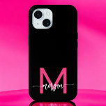 Hot Pink Black Modern Script Girly Monogram Name iPhone 15 Case<br><div class="desc">Protect your phone in style with our Hot Pink Modern Script Girly Monogram Name iPhone 15 Case! Featuring a vibrant hot pink design, this case is personalised with your name in a chic modern script for a custom touch. Designed for the iPhone 15, it offers durable protection against scratches and...</div>
