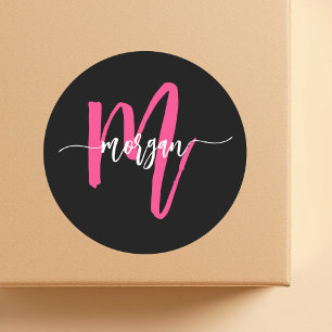 Hot Pink Black Modern Script Girly Monogram Name Classic Round Sticker