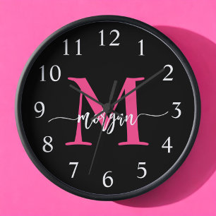 Hot Pink Black Modern Script Girly Monogram Name Clock