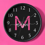 Hot Pink Black Modern Script Girly Monogram Name  Clock<br><div class="desc">Make a bold statement in your space with our Hot Pink Modern Script Girly Monogram Name Large Clock! Featuring a vibrant hot pink design and personalised with your name in an elegant modern script, this clock adds a stylish and personal touch to any room. Perfect for bedrooms, offices, or living...</div>