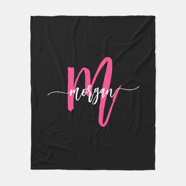 Hot Pink Black Modern Script Girly Monogram Name Fleece Blanket (Front)