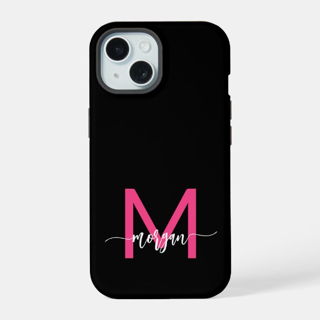 Hot Pink Black Modern Script Girly Monogram Name iPhone 15 Case (Back)