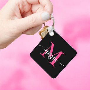 Hot Pink Black Modern Script Girly Monogram Name Key Ring