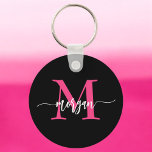 Hot Pink Black Modern Script Girly Monogram Name Key Ring<br><div class="desc">Keep your keys in style with our Hot Pink Modern Script Girly Monogram Name Keychain! Featuring a vibrant hot pink design, this keychain is personalised with your name in a chic modern script for a custom, fashionable touch. Perfect for adding a bit of flair to your keys or bag, it’s...</div>