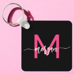 Hot Pink Black Modern Script Girly Monogram Name Key Ring<br><div class="desc">Keep your keys in style with our Hot Pink Modern Script Girly Monogram Name Keychain! Featuring a vibrant hot pink design, this keychain is personalised with your name in a chic modern script for a custom, fashionable touch. Perfect for adding a bit of flair to your keys or bag, it’s...</div>