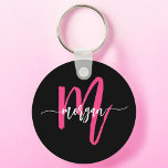 Hot Pink Black Modern Script Girly Monogram Name Key Ring<br><div class="desc">Keep your keys in style with our Hot Pink Modern Script Girly Monogram Name Keychain! Featuring a vibrant hot pink design, this keychain is personalised with your name in a chic modern script for a custom, fashionable touch. Perfect for adding a bit of flair to your keys or bag, it’s...</div>