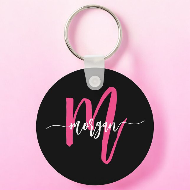 Hot Pink Black Modern Script Girly Monogram Name Key Ring (Creator Uploaded)