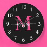 Hot Pink Black Modern Script Girly Monogram Name  Large Clock<br><div class="desc">Make a bold statement in your space with our Hot Pink Modern Script Girly Monogram Name Large Clock! Featuring a vibrant hot pink design and personalised with your name in an elegant modern script, this clock adds a stylish and personal touch to any room. Perfect for bedrooms, offices, or living...</div>