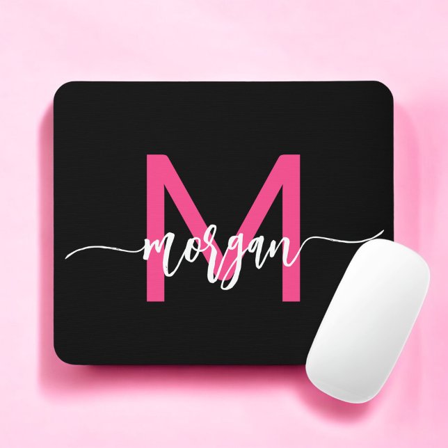 Hot Pink Black Modern Script Girly Monogram Name Mouse Pad (Creator Uploaded)