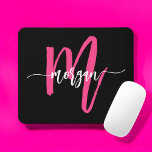 Hot Pink Black Modern Script Girly Monogram Name Mouse Pad<br><div class="desc">Add a pop of colour to your workspace with our Hot Pink Modern Script Girly Monogram Name Mouse Pad! Featuring a vibrant hot pink design and personalised with your name in a chic modern script, this mouse pad blends style with practicality. The smooth surface ensures precise mouse movements, while the...</div>