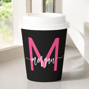 Hot Pink Black Modern Script Girly Monogram Name Paper Cups