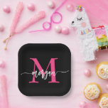Hot Pink Black Modern Script Girly Monogram Name Paper Plate<br><div class="desc">Add a touch of chic to your celebrations with our Hot Pink Modern Script Girly Monogram Name Paper Plates! Featuring a vibrant hot pink design, these plates are personalised with your name in an elegant modern script for a custom, stylish touch. Perfect for birthdays, parties, or any special occasion, they...</div>