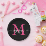 Hot Pink Black Modern Script Girly Monogram Name Paper Plate<br><div class="desc">Add a touch of chic to your celebrations with our Hot Pink Modern Script Girly Monogram Name Paper Plates! Featuring a vibrant hot pink design, these plates are personalised with your name in an elegant modern script for a custom, stylish touch. Perfect for birthdays, parties, or any special occasion, they...</div>
