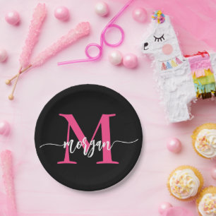 Hot Pink Black Modern Script Girly Monogram Name Paper Plate