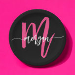 Hot Pink Black Modern Script Girly Monogram Name Paper Plate<br><div class="desc">Add a touch of chic to your celebrations with our Hot Pink Modern Script Girly Monogram Name Paper Plates! Featuring a vibrant hot pink design, these plates are personalised with your name in an elegant modern script for a custom, stylish touch. Perfect for birthdays, parties, or any special occasion, they...</div>