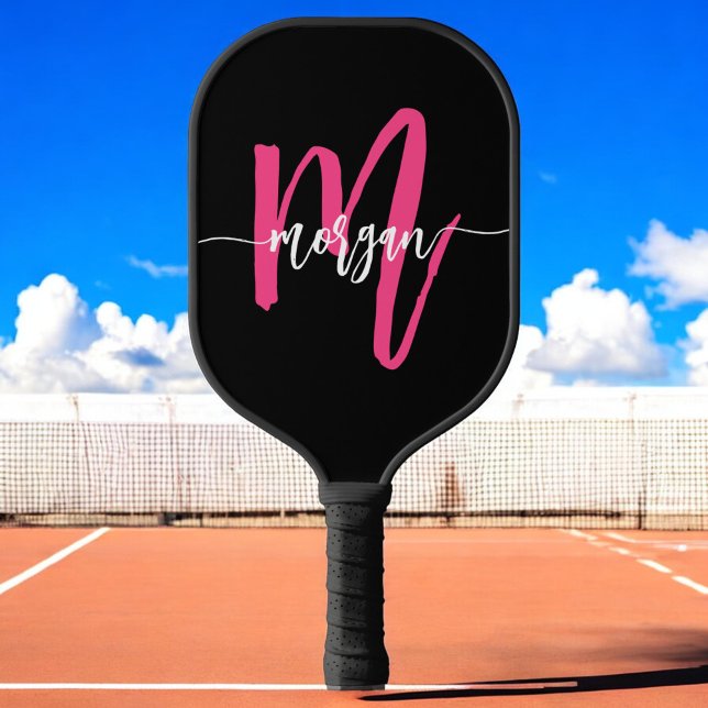 Hot Pink Black Modern Script Girly Monogram Name Pickleball Paddle (Creator Uploaded)