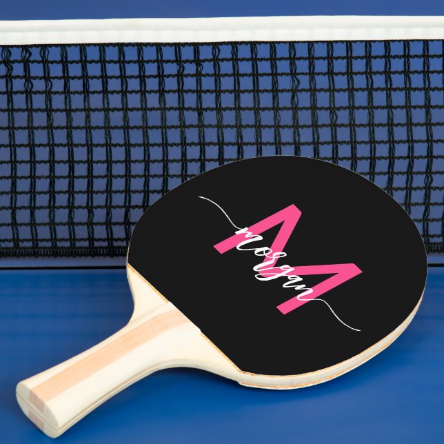 Hot Pink Black Modern Script Girly Monogram Name Ping Pong Paddle (Insitu)